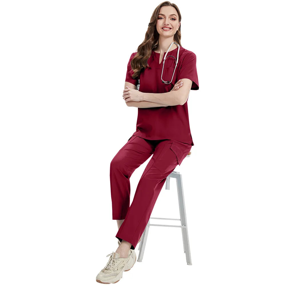 Women’s Nursing Scrubs Set – Breathable Stretch Top & Elastic Waist Pants