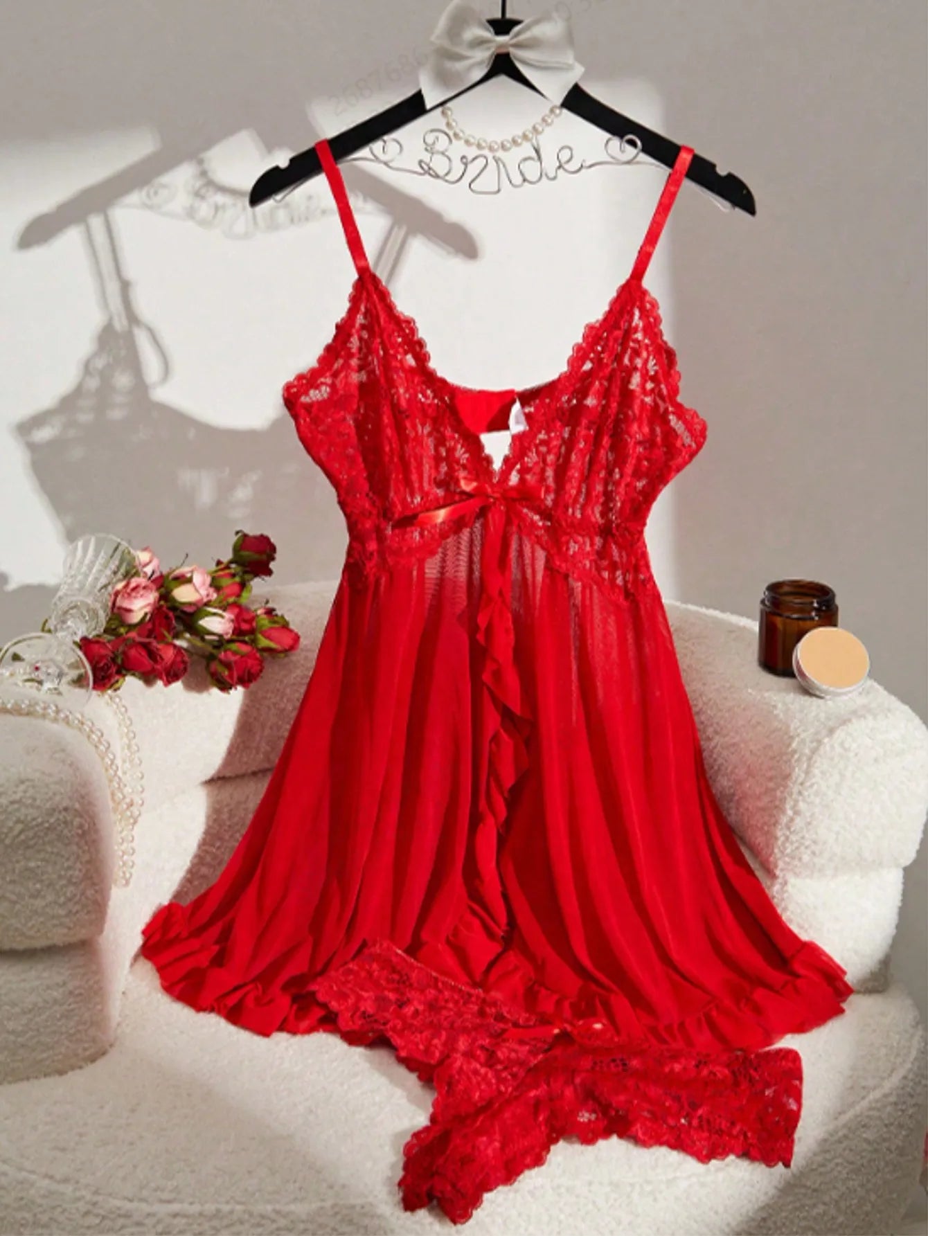 Red Lace Deep V Bra and Sheer Robe Set with Bow Detail for Bedroom or Party