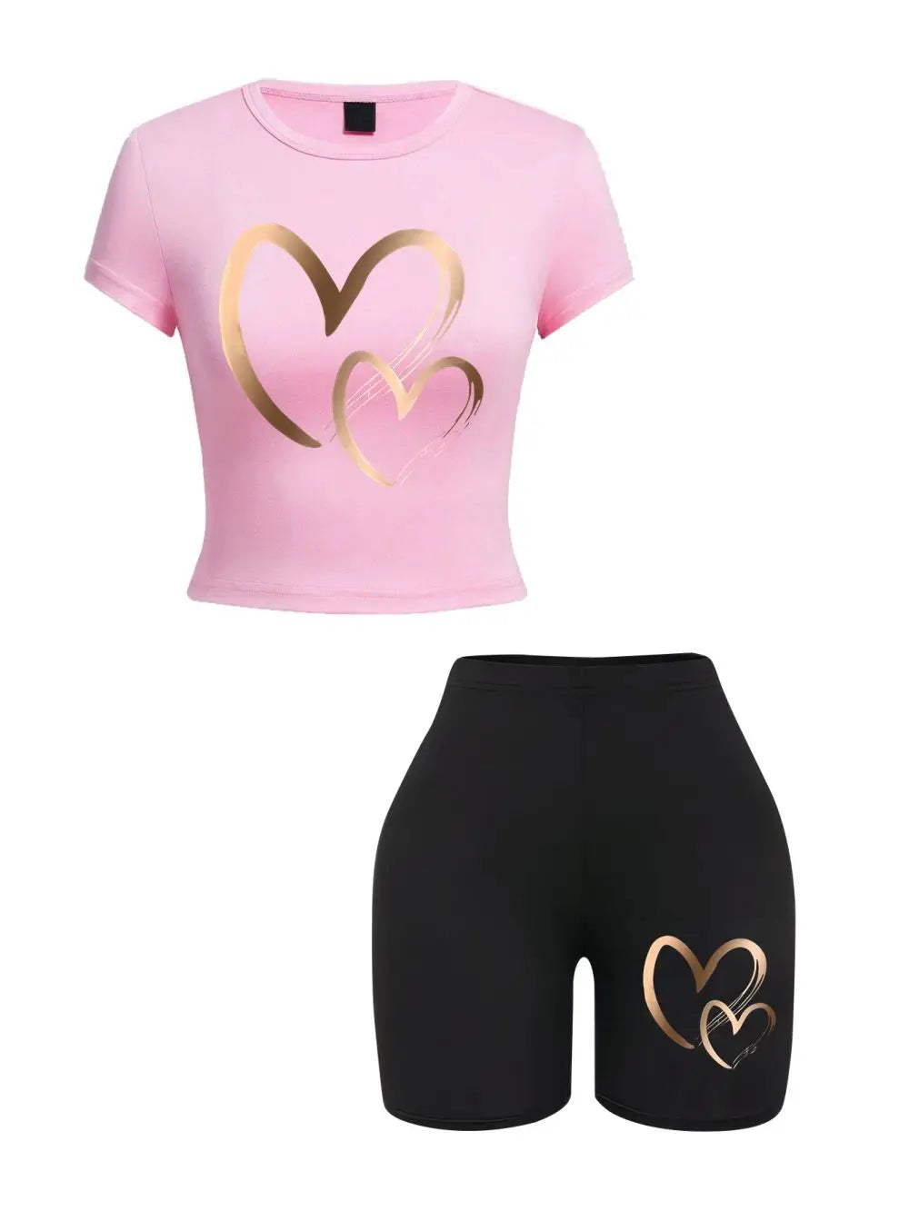Women’s Heart Print 2-Piece Activewear Set – Slim Fit Crop Top & Soft Shorts