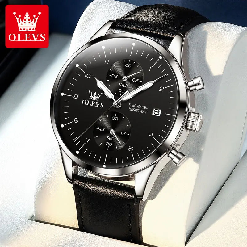 OLEVS casual fashion men's watches Chronograph 30m waterproof Leather strap quartz watch for man luminous genuine wristwatch