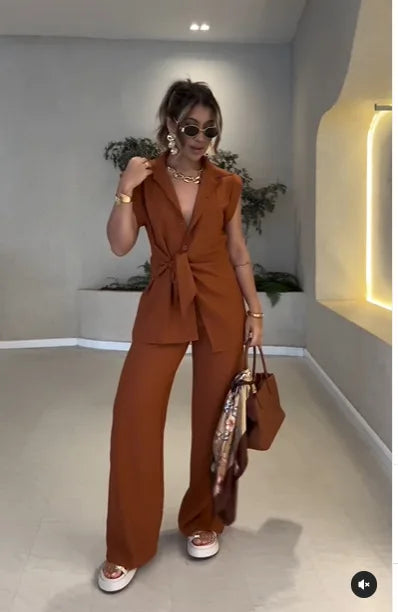 Women's Tie Waist Top Two-Piece Set