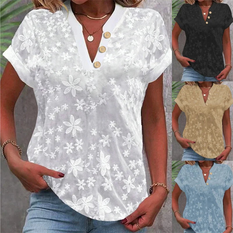 Floral Embroidered short sleeve Casual Blouse