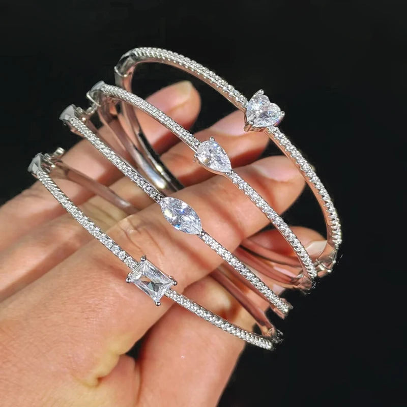Single Heart Tear Rectangle Marquise Geometric Shaped Cubic Zirconia CZ Bangle Bracelet High Quality