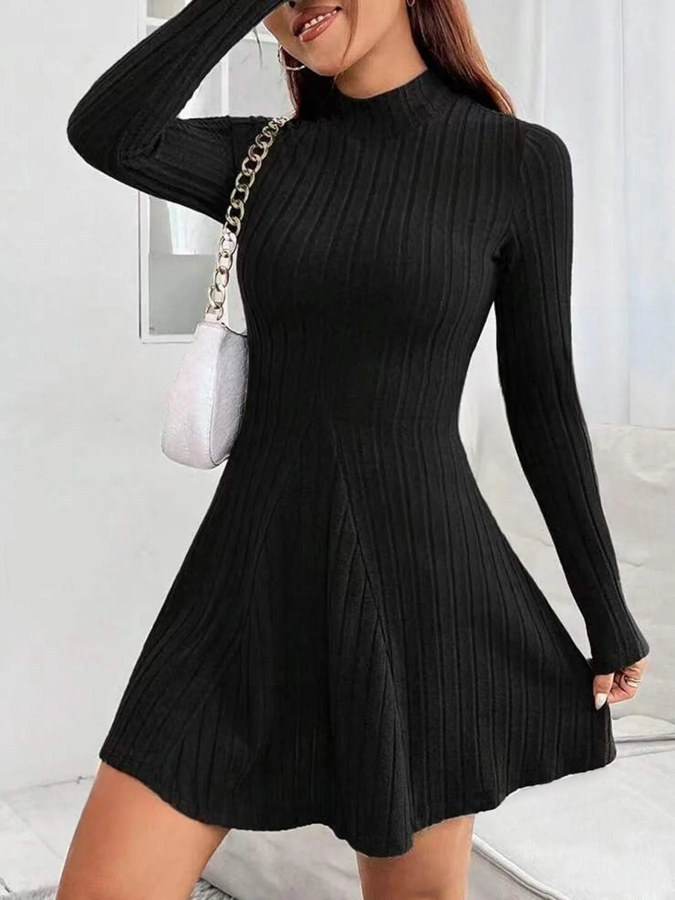 Women's slim fit half high collar waist cinched A-line skirt long sleeved pit stripe dress