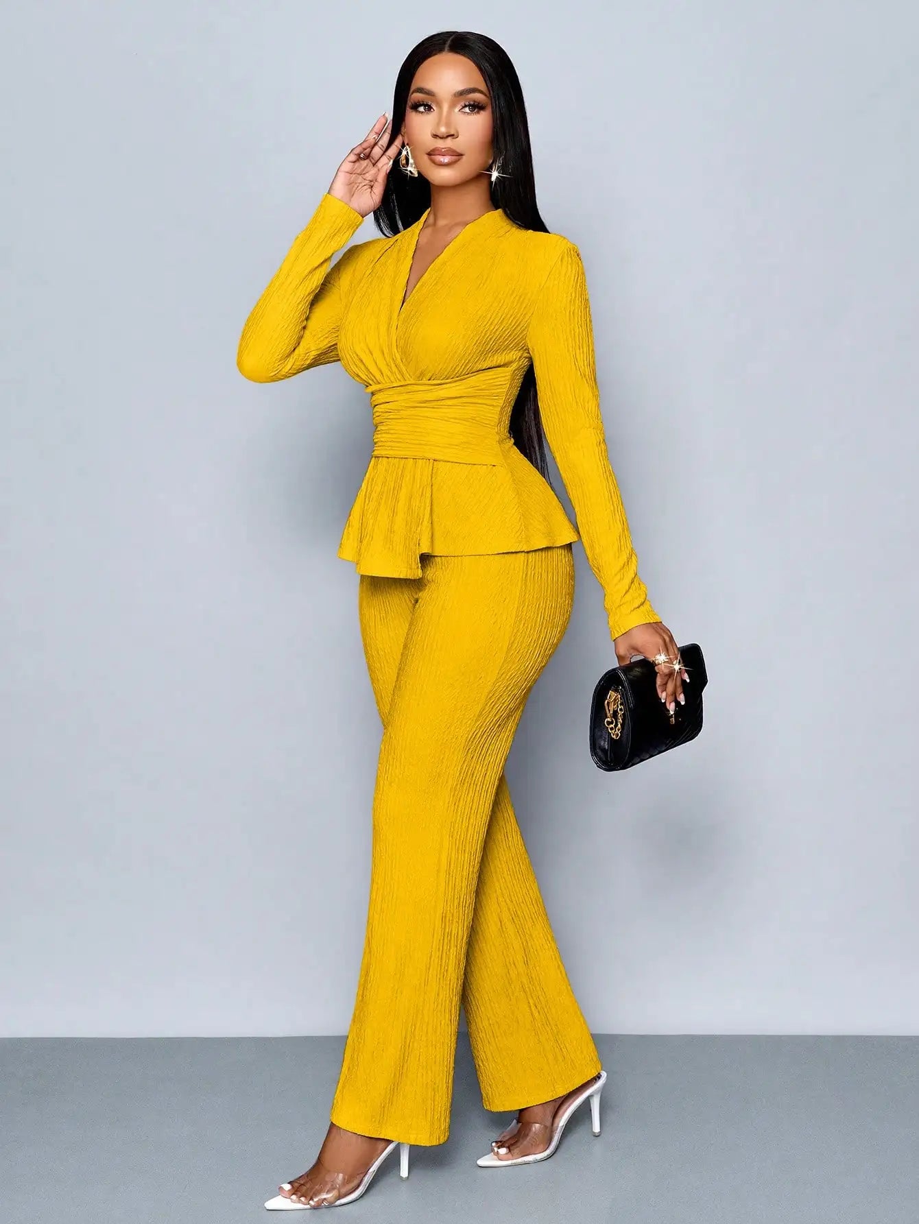 Women's V-neck Peplum Top & Wide Leg Pants Set