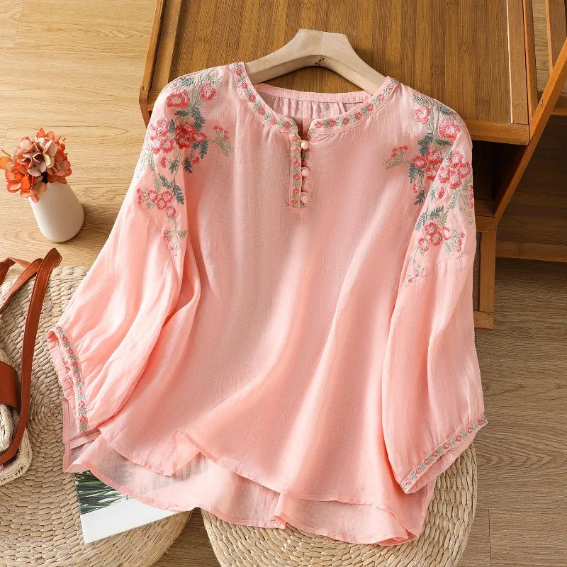 Women's Floral Embroidered cotton Linen Top