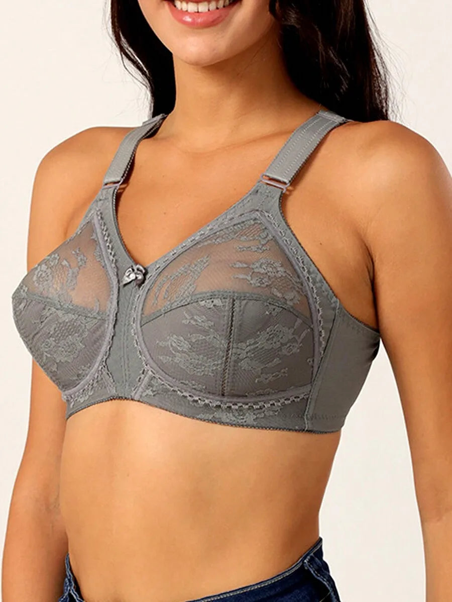Black Lace Full Coverage Bra with Sheer Panels and Adjustable Straps
