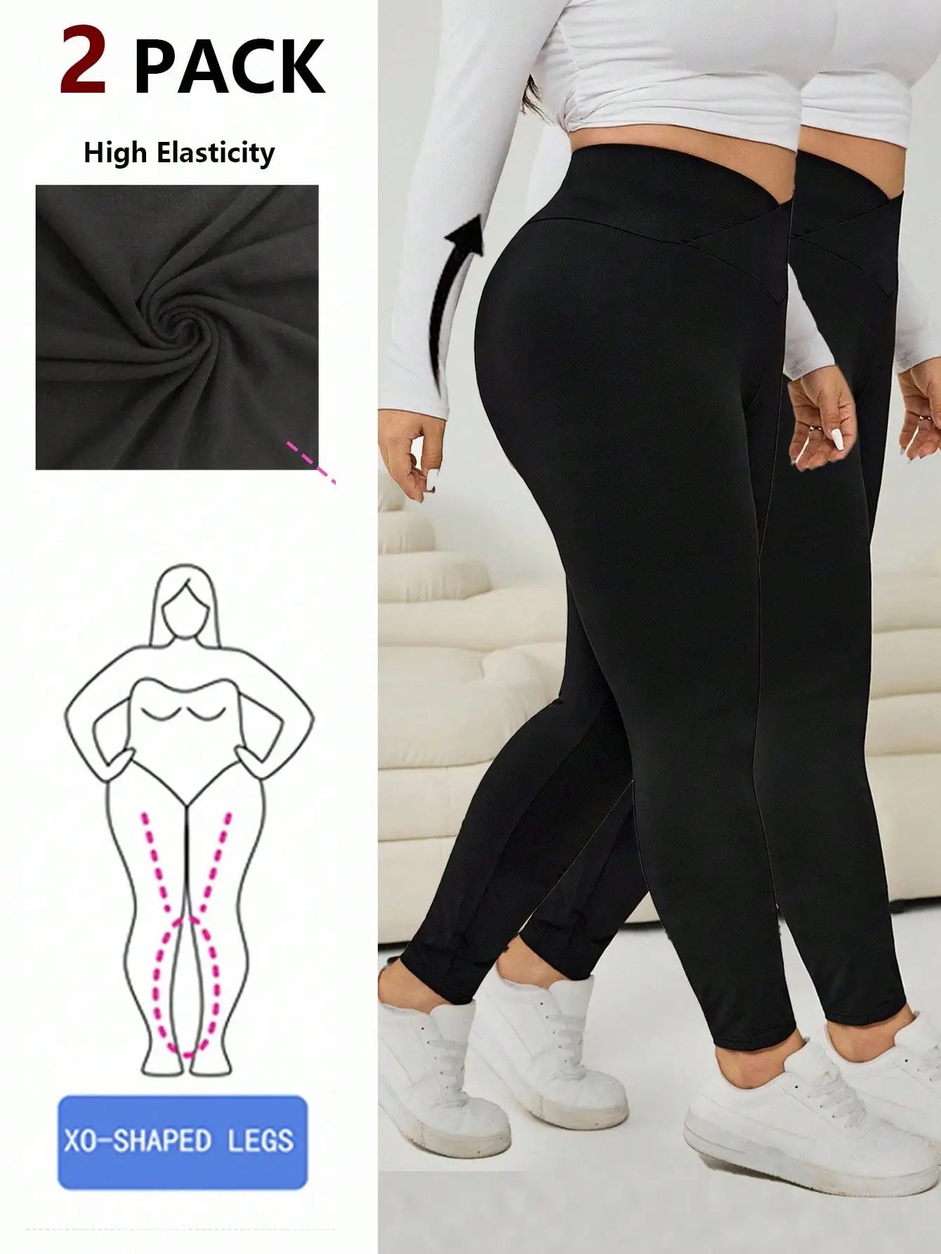 2-Pack Black High-Waisted Asymmetric Leggings for Plus Size Women