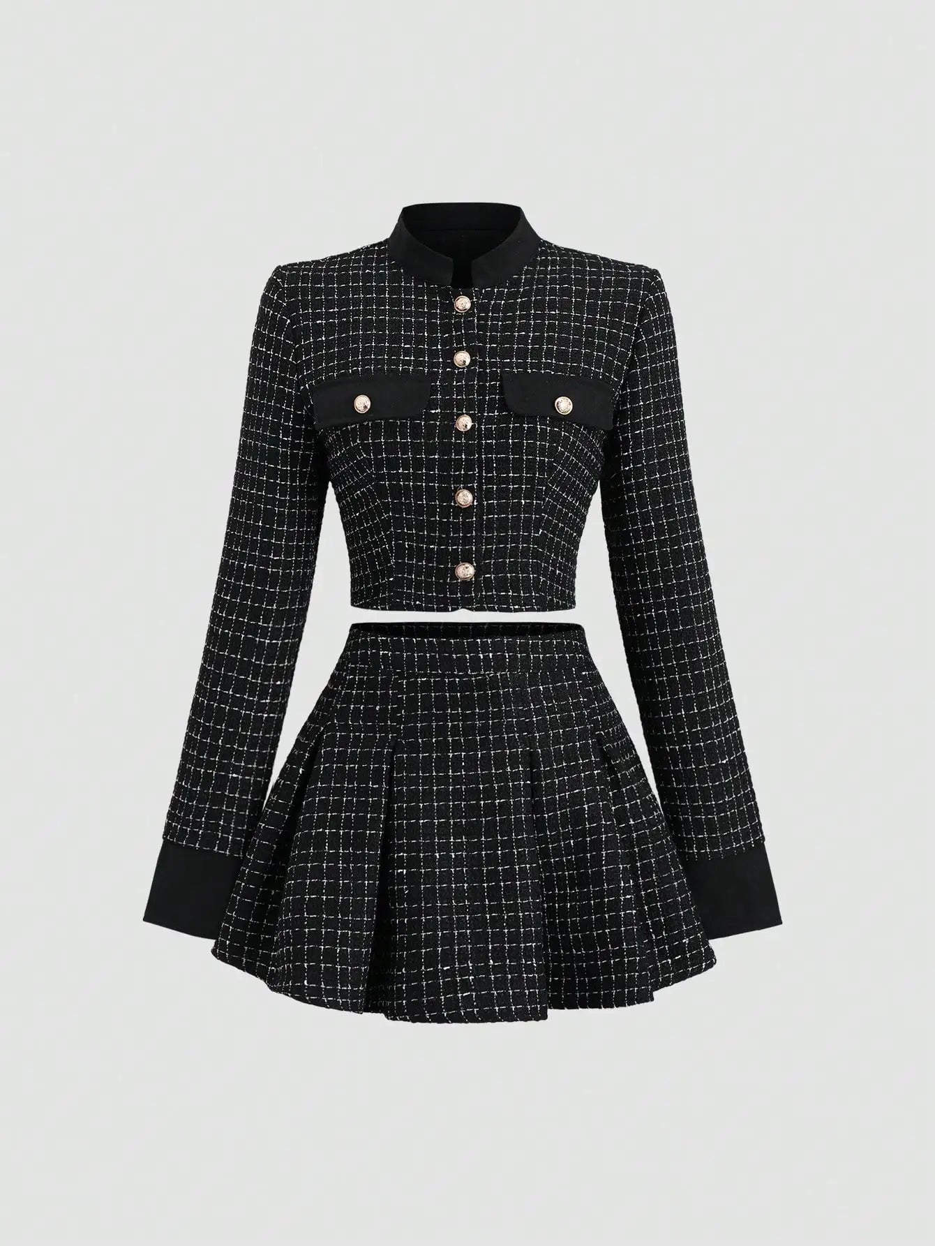 Women's Tweed Suit  Set; Long Sleeve Jacket & Pleated Skirt