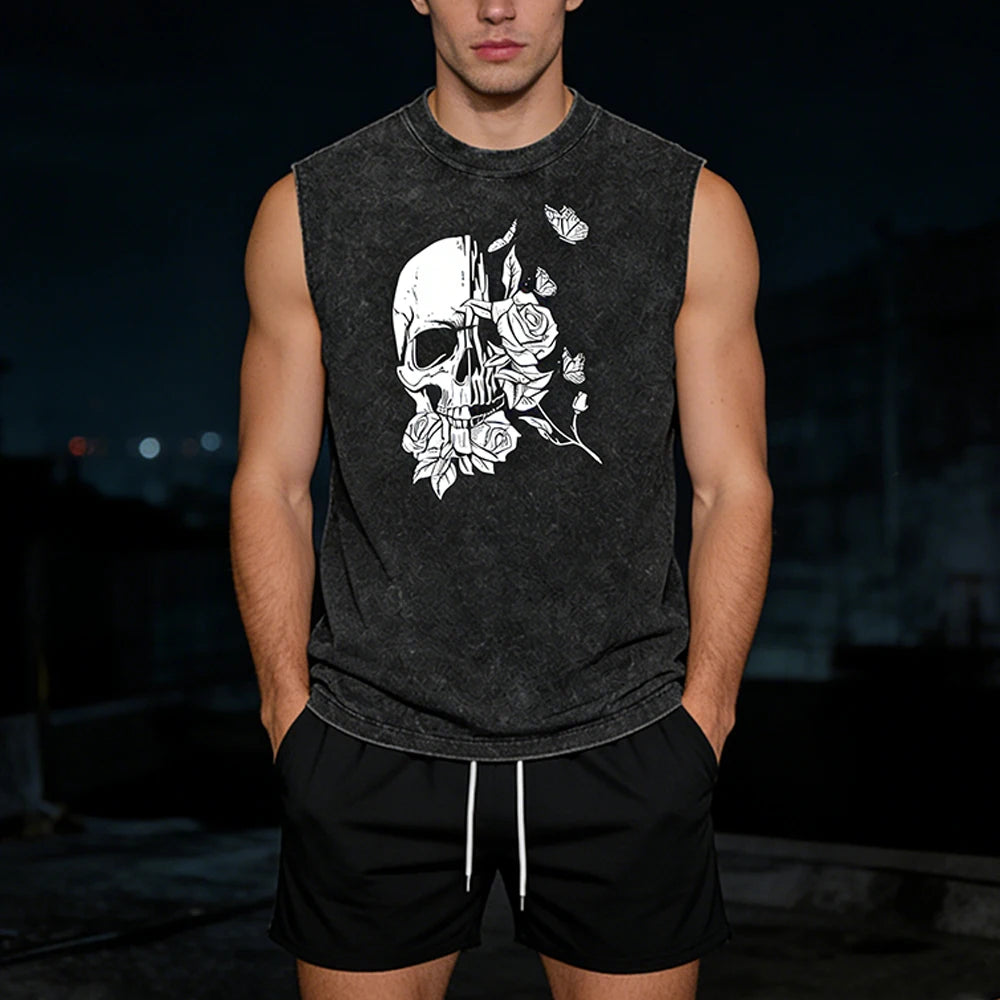 Summer Men's Casual Outfit Black Vintage Washed Tank Top & Quick Dry Double-Layer Beach Shorts Set Skull & Roses Graphic Print