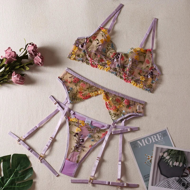 Sexy See-through Yellow Pastoral Floral Bra Garter T-Back Three-Piece Set with Leg Ring Sexy Lingerie Suit