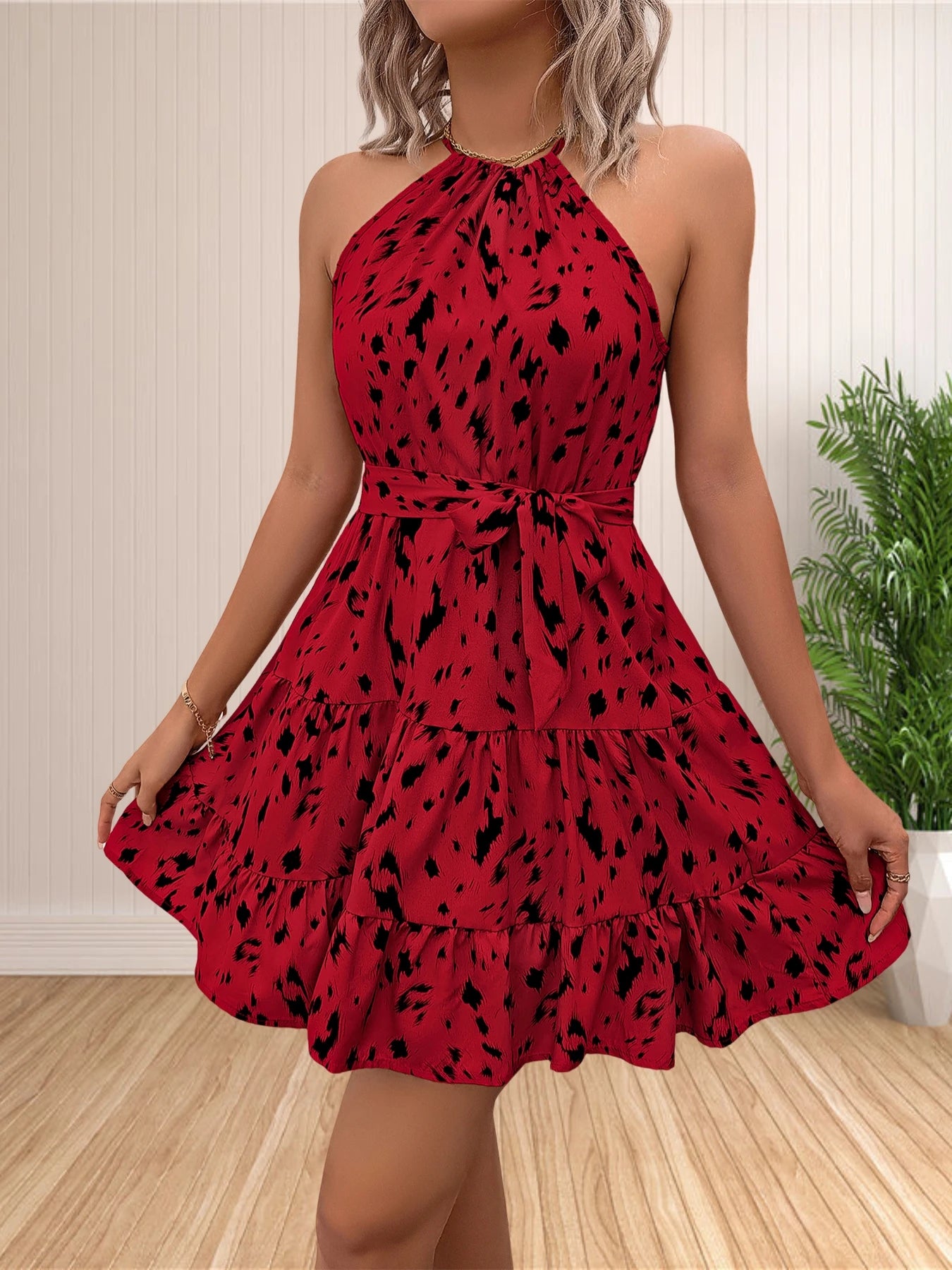 Women's Floral Polka Dot Halter Mini Dress