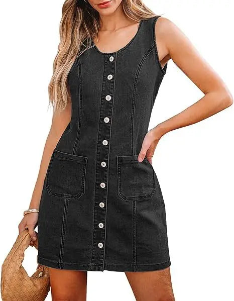 Women’s Sleeveless Denim Mini Dress with Pockets