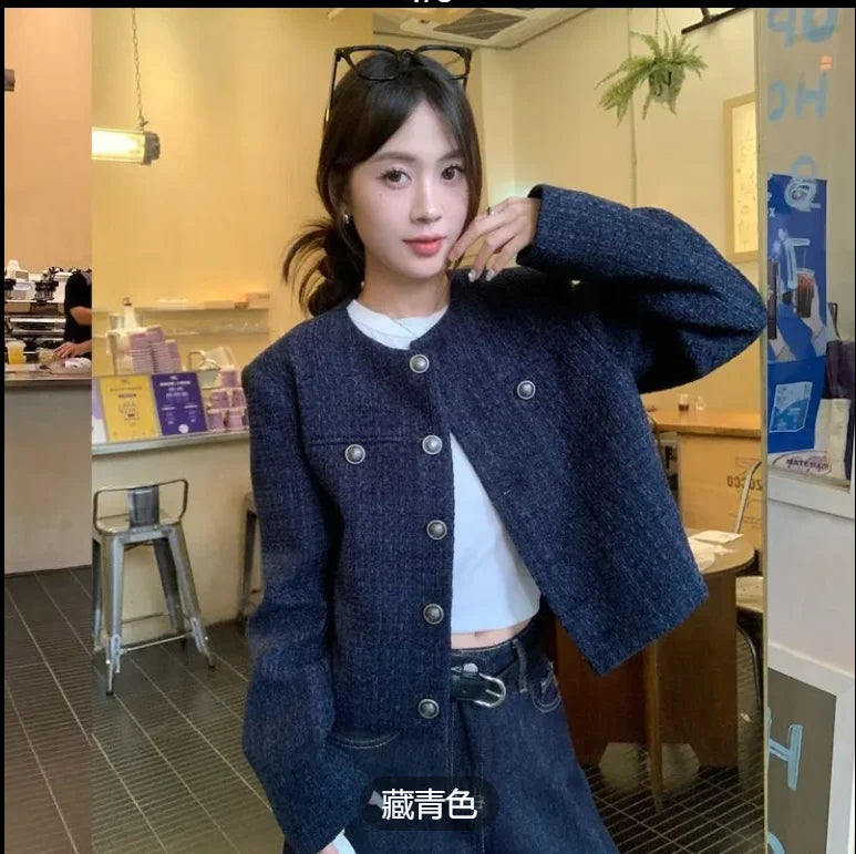 Elegant Long Sleeve Tweed Coat