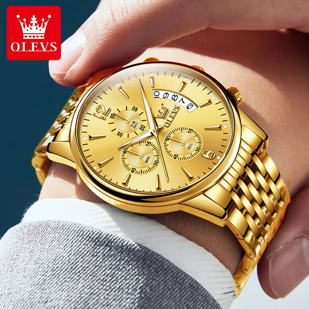 OLEVS luxury brand men's watches Chronograph waterproof date Gold luminous quartz watch for man Original wristwatch with the box