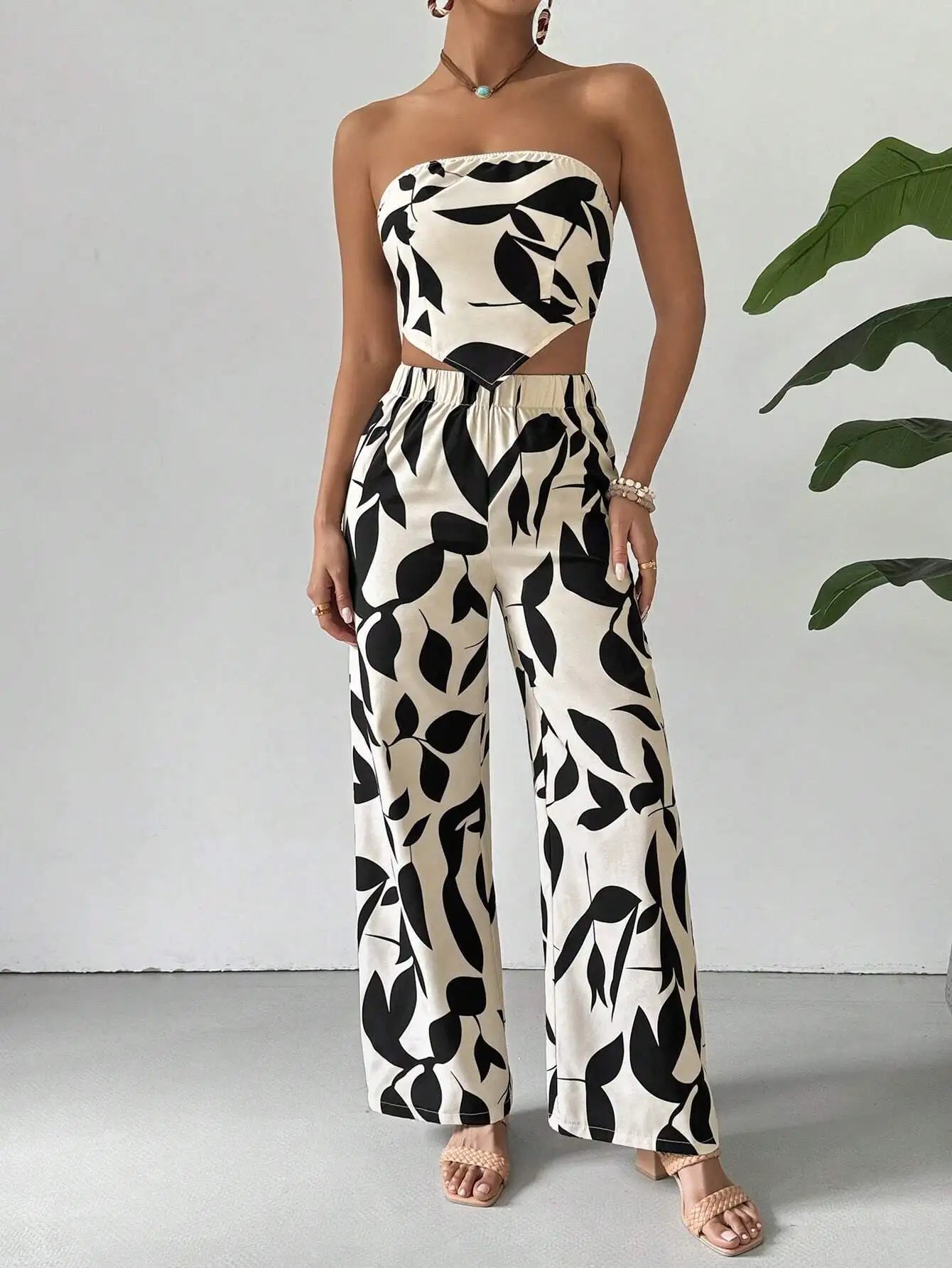 Leaf Print Strapless Crop Top & Wide Leg Pants Set