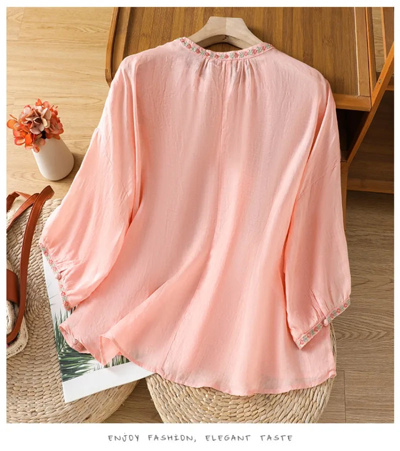 Women's Floral Embroidered cotton Linen Top