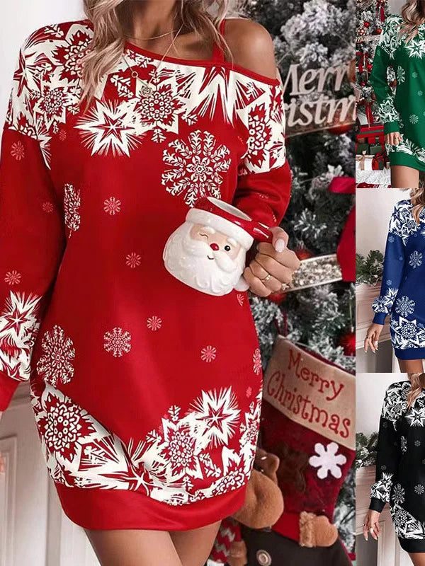 Women's Snowflake Print Holiday Asymmetrical Shoulder Mini Dress