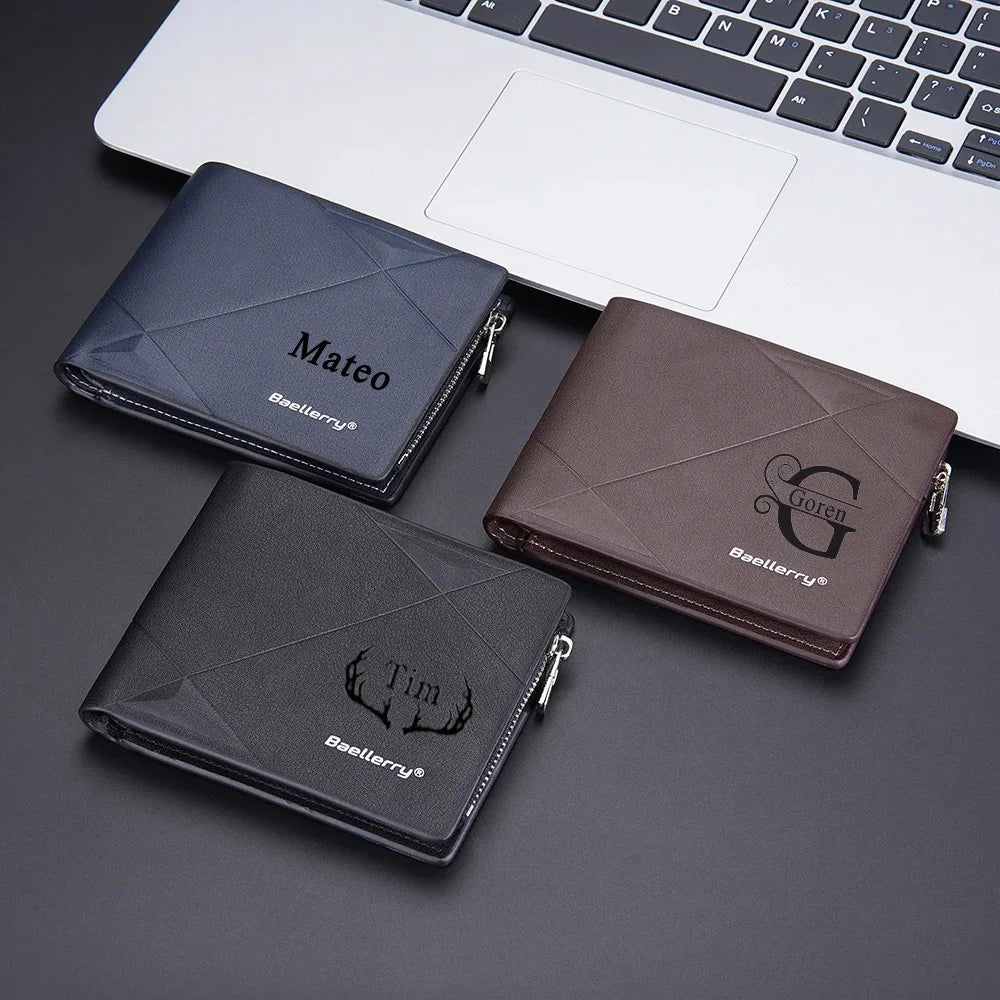 Customized Name Men Short Wallet Personalized Text Luxury Brand Card Holder Zipper Male Purse Fashion High Quality Coin Pockets