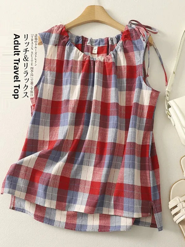 Casual Plaid Sleeveless Loose Fit Blouse