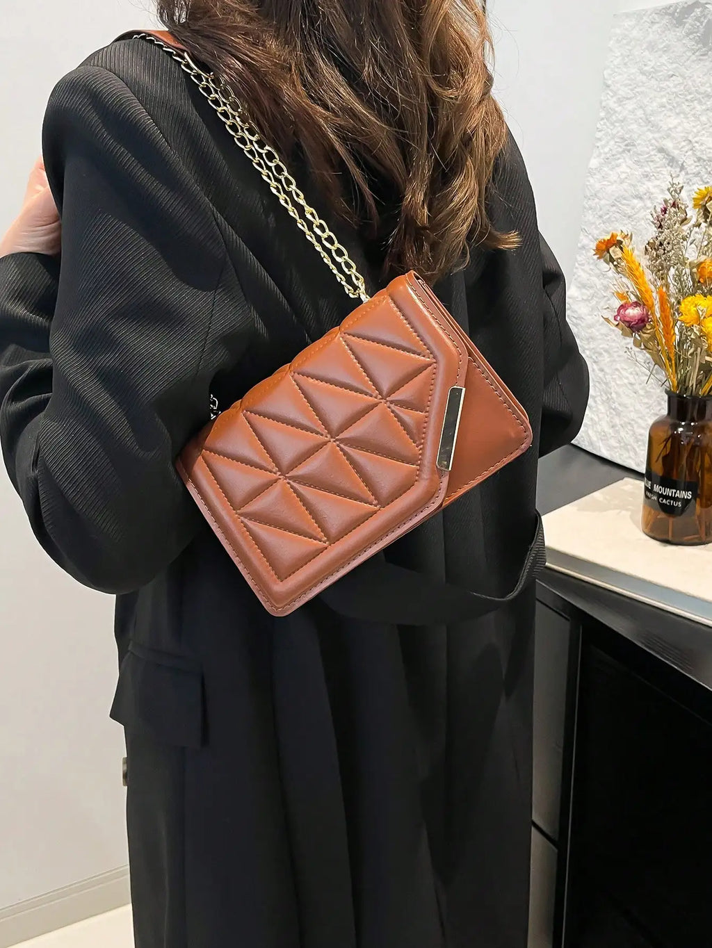 Brown Quilted Square Chain Strap Crossbody Bag for Women