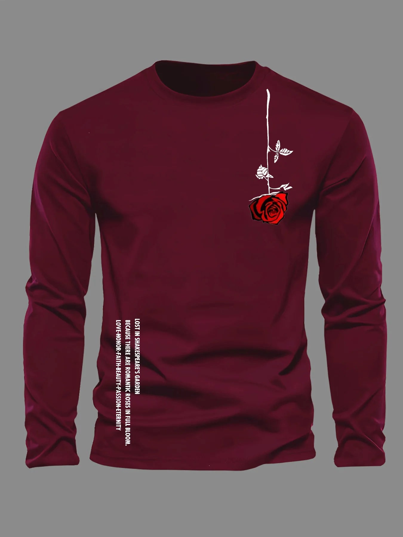 100% pure cotton men's long sleeved round neck loose casual rose letter printed spring and autumn versatile T-shirt top