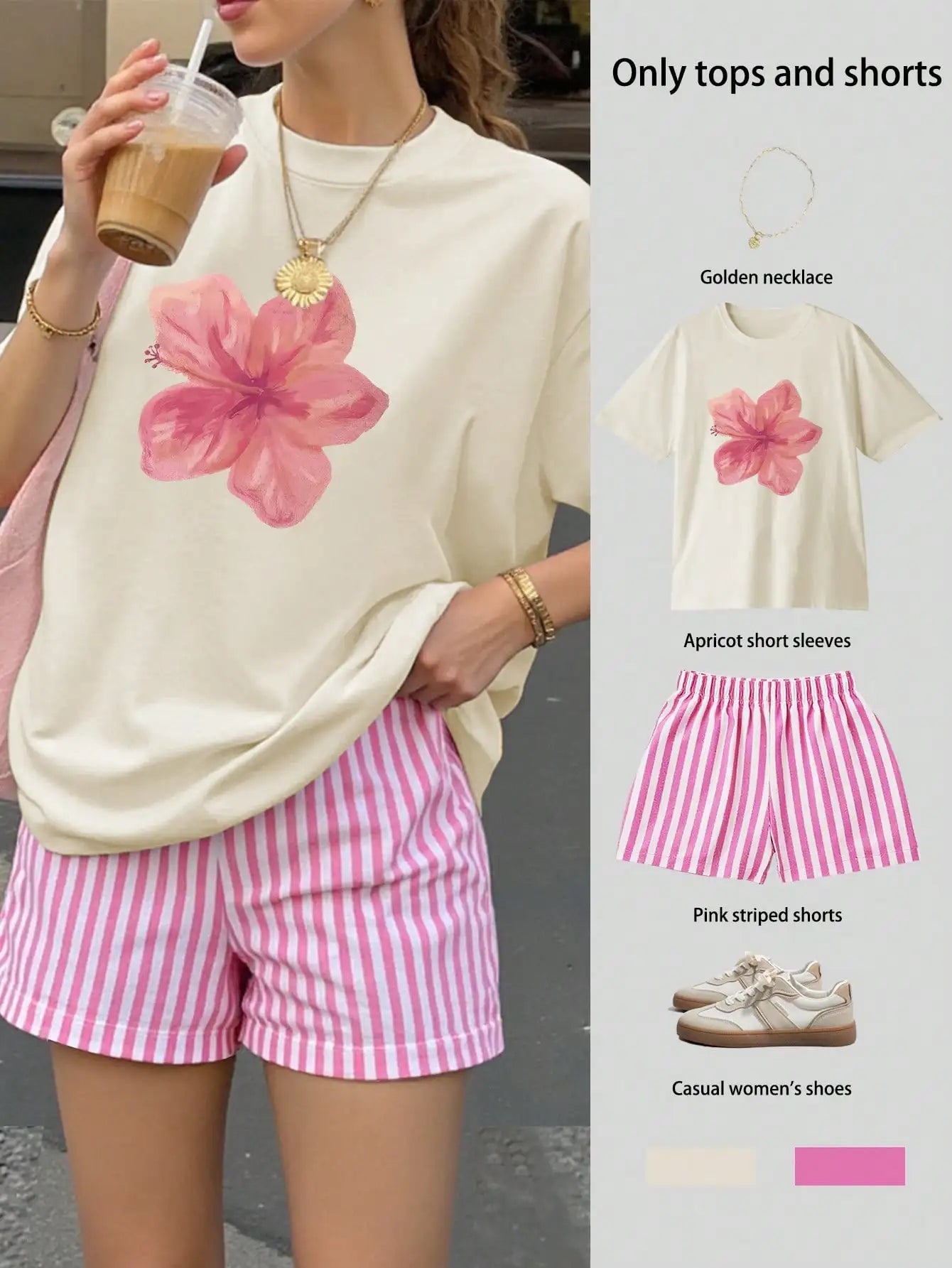 Women's Loose Floral T-Shirt & Striped Shorts Set