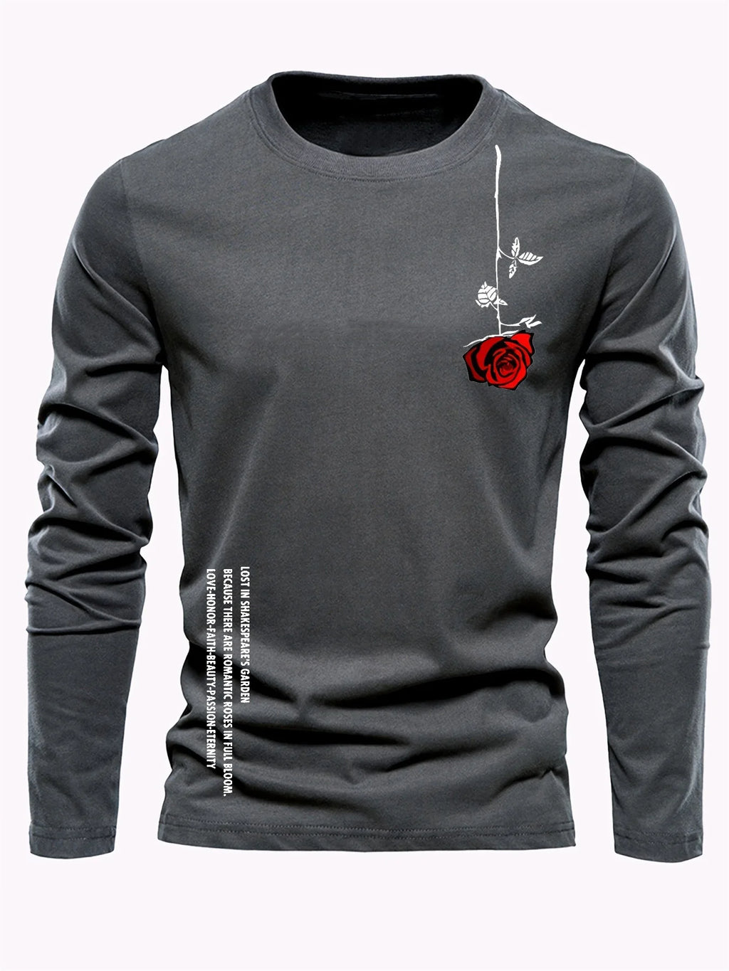 100% pure cotton men's long sleeved round neck loose casual rose letter printed spring and autumn versatile T-shirt top