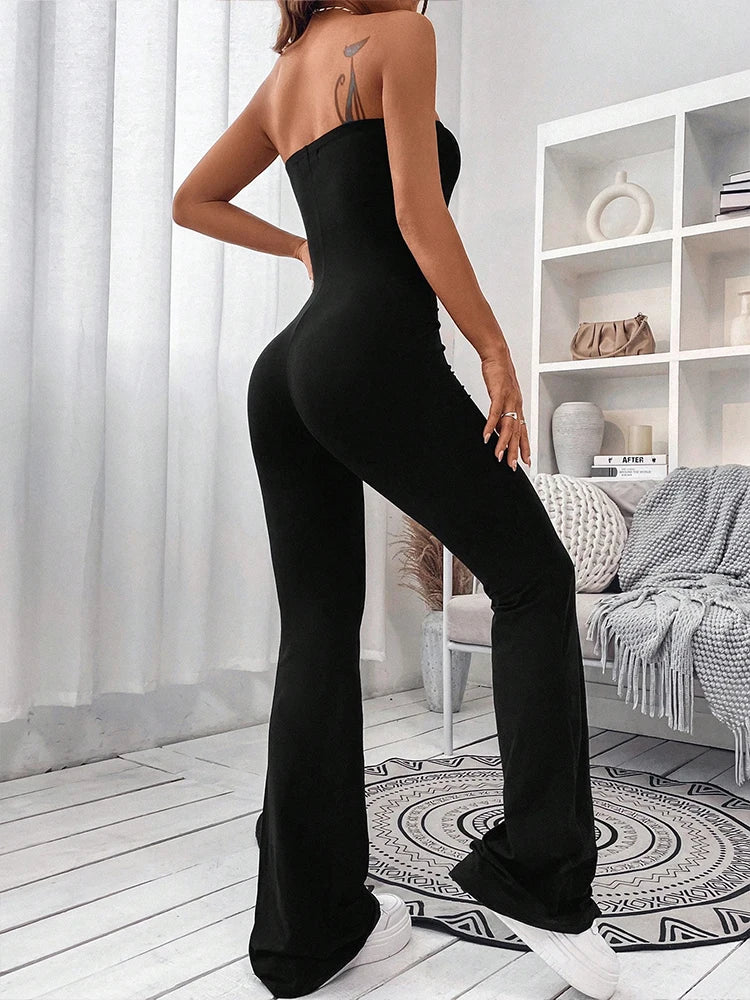 2024 Summer New Women's Drawstring Waist Jumpsuit Pants Leisure Lift Buttocks Slim Micro-Flare Jumpsuit Pants