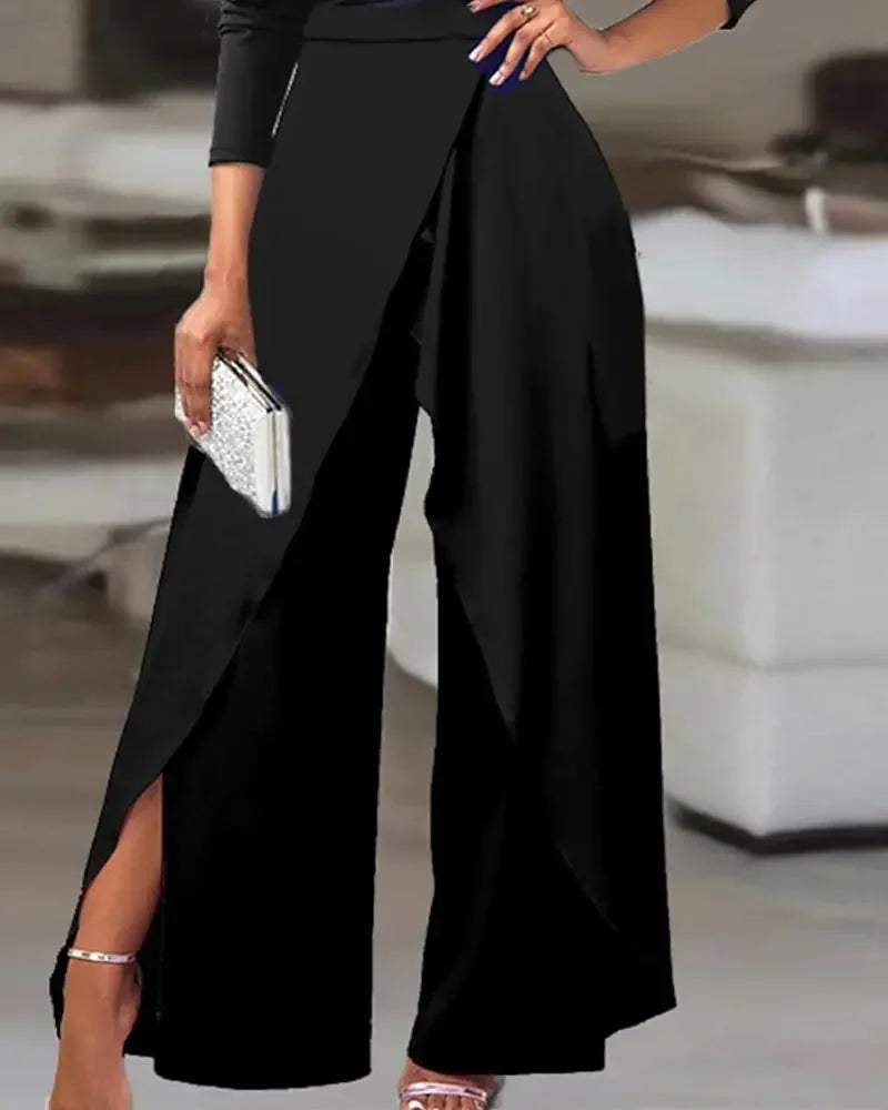 2025 Spring Jumpsuits for Women Plain Elegant Office Lady Loose Ruched One Shoulder Split Hem Wide Leg Jumpsuit
