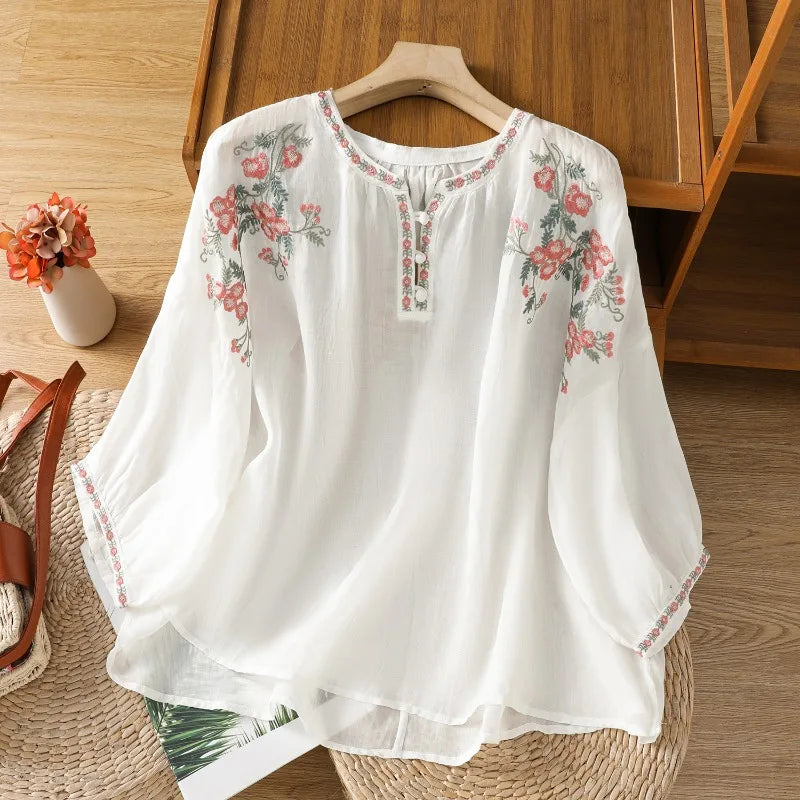Women's Floral Embroidered cotton Linen Top