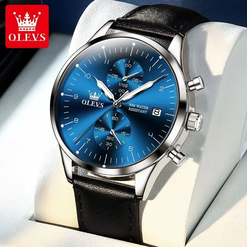 OLEVS casual fashion men's watches Chronograph 30m waterproof Leather strap quartz watch for man luminous genuine wristwatch