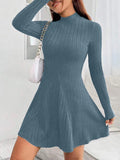 Women's slim fit half high collar waist cinched A-line skirt long sleeved pit stripe dress