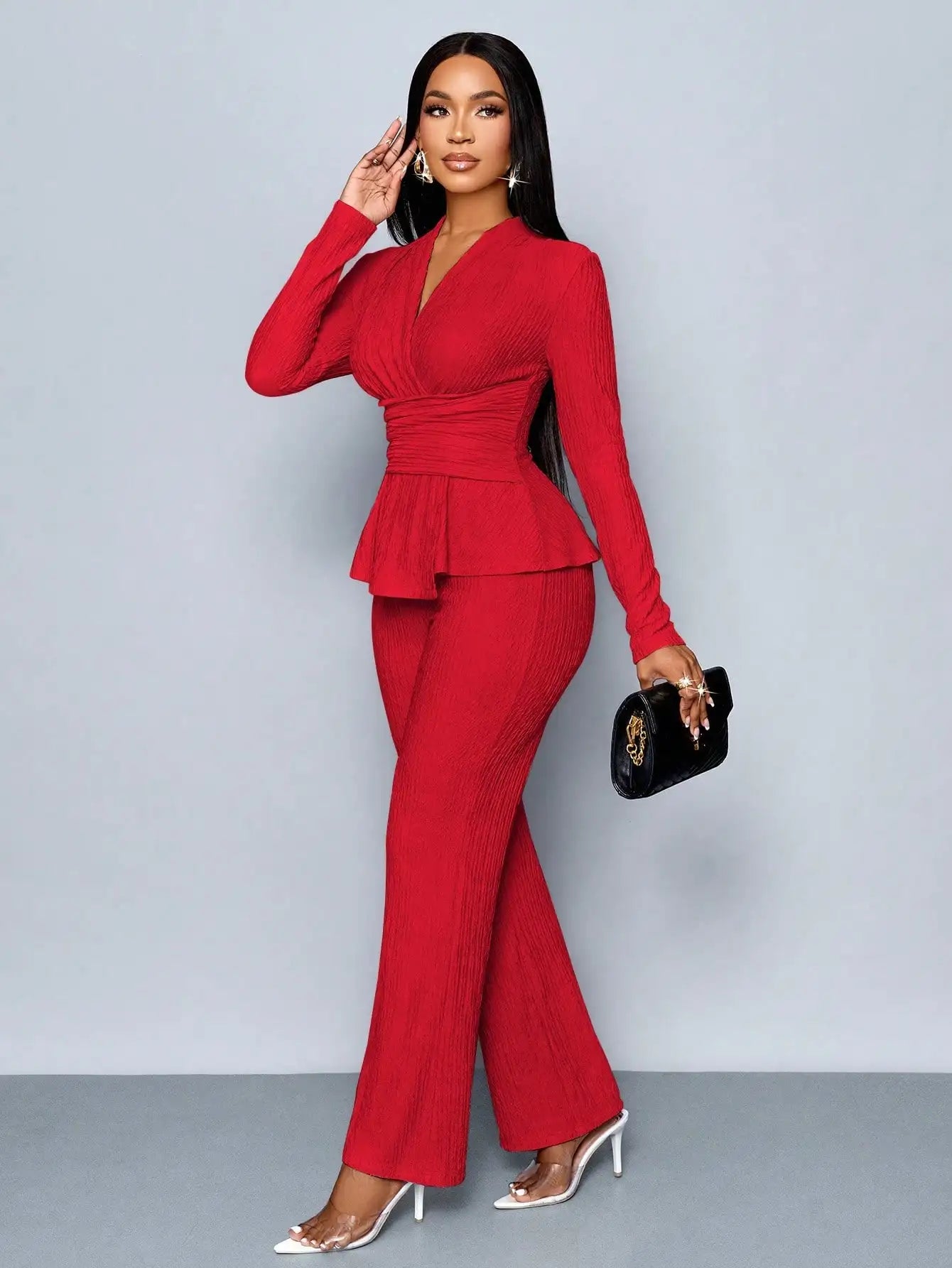 Women's V-neck Peplum Top & Wide Leg Pants Set