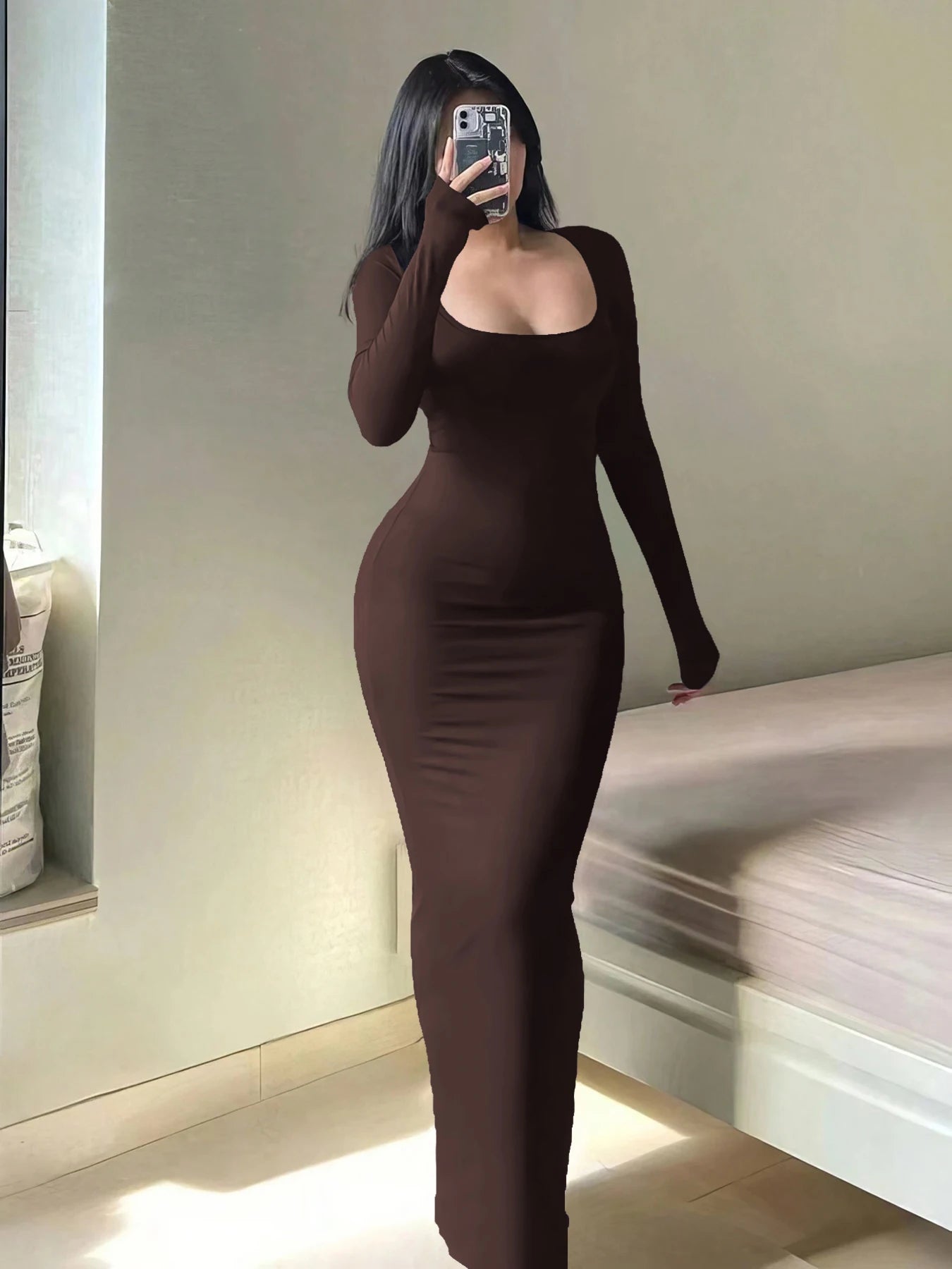 Women's Long Sleeve Scoop Neck Bodycon Maxi Dress