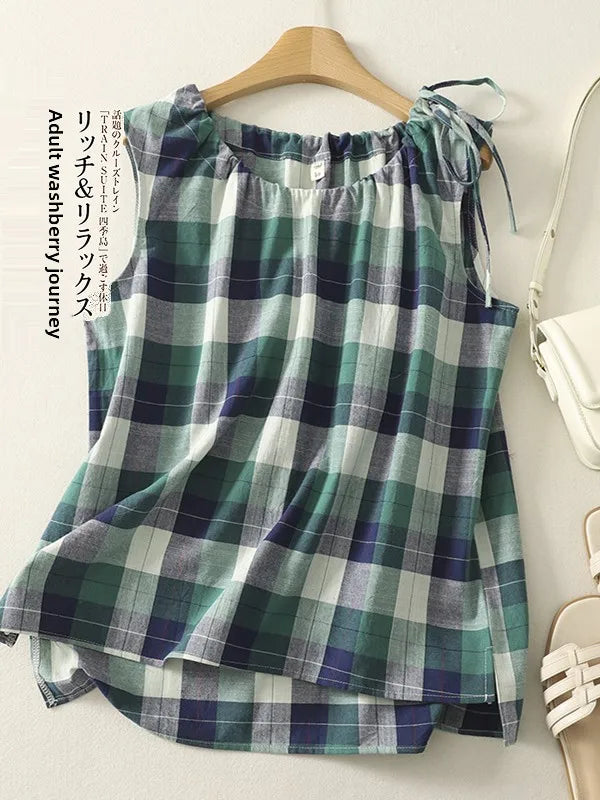 Casual Plaid Sleeveless Loose Fit Blouse