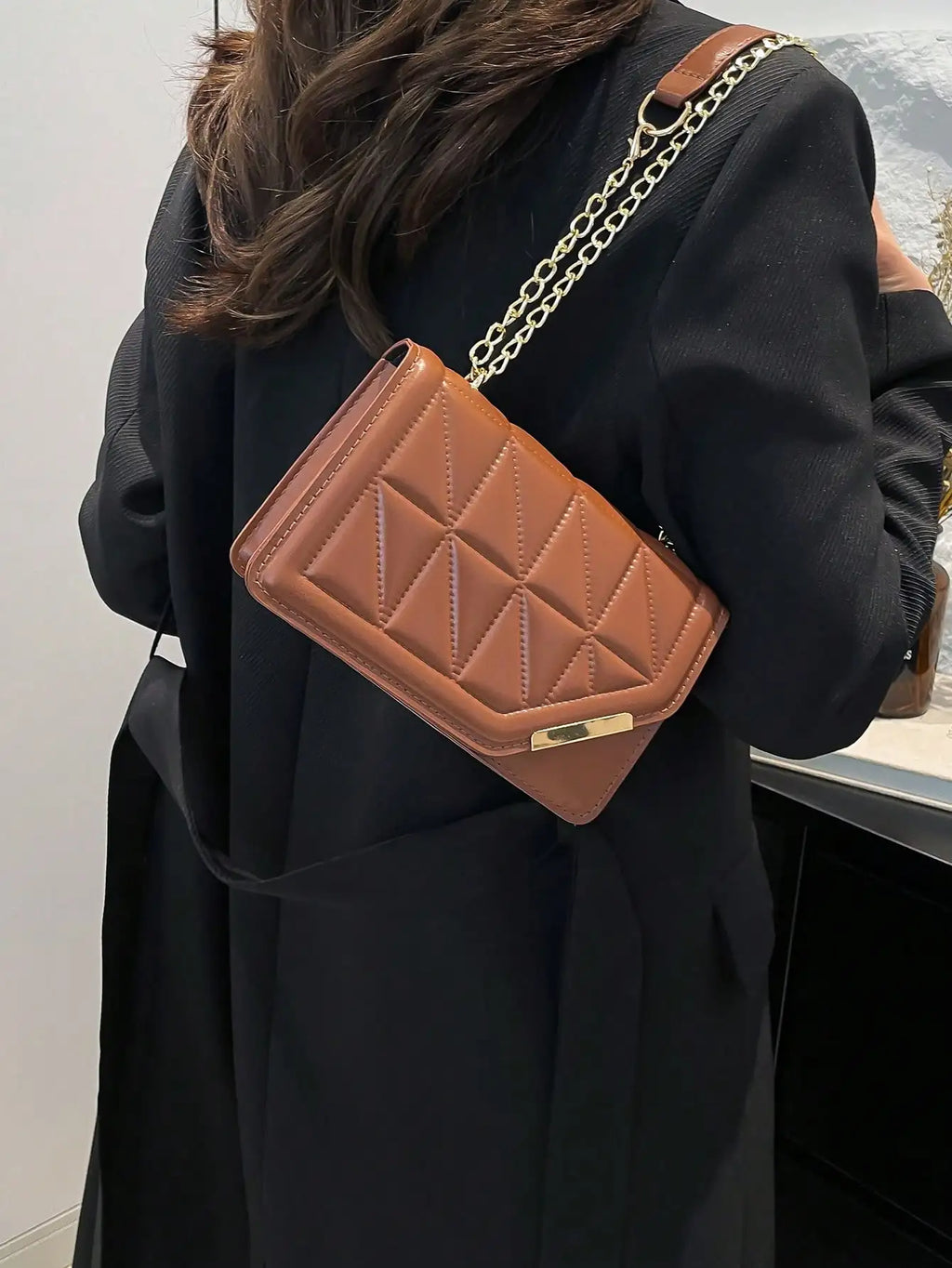 Brown Quilted Square Chain Strap Crossbody Bag for Women