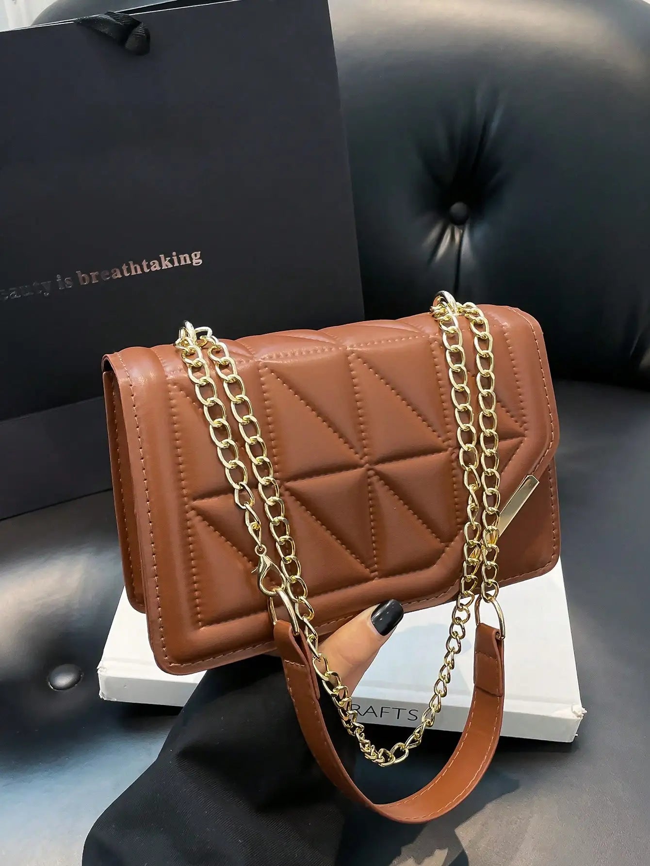 Brown Quilted Square Chain Strap Crossbody Bag for Women