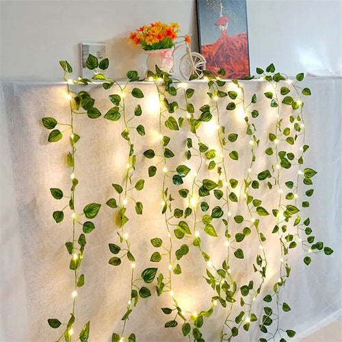 Artificial Green Leaf Vine String Lights – Battery Powered Fairy Lights for Home, Wedding & Party Decor