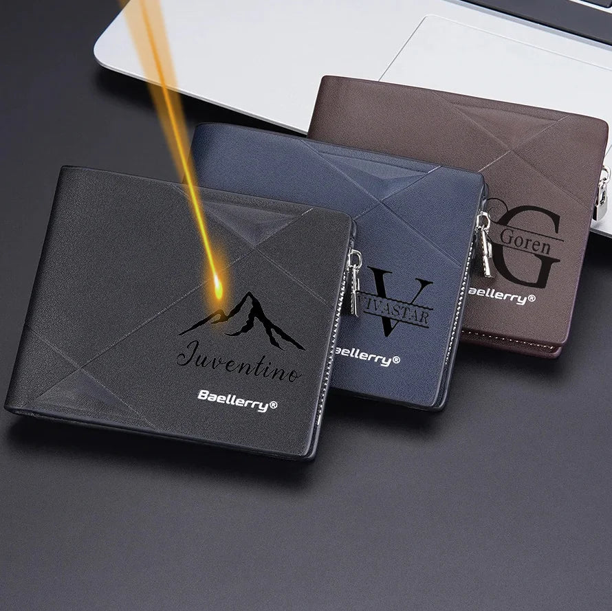 Customized Name Men Short Wallet Personalized Text Luxury Brand Card Holder Zipper Male Purse Fashion High Quality Coin Pockets