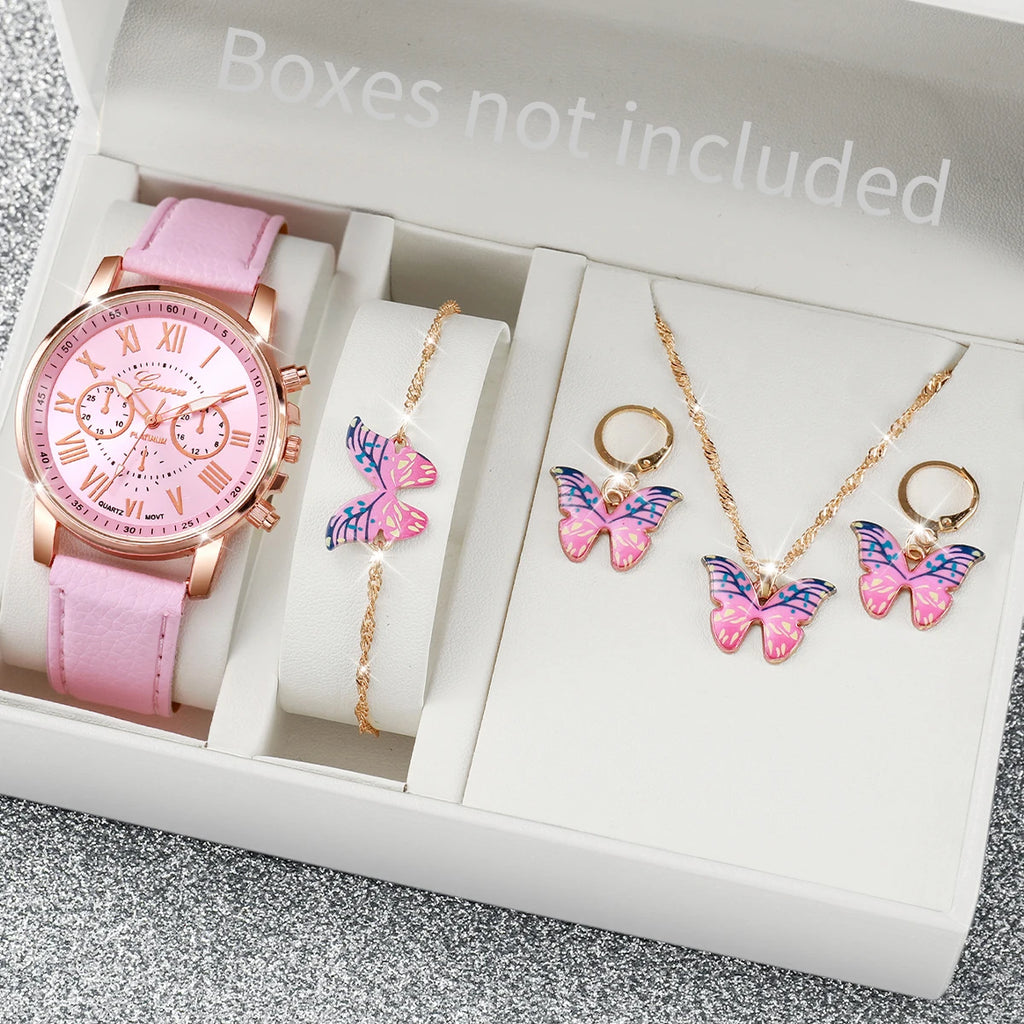 6PCS/Set Fashion Women's Quartz Watch Leather Band Analog Wrist Watches Heart Rhinestone Jewelry Set(Without Box)
