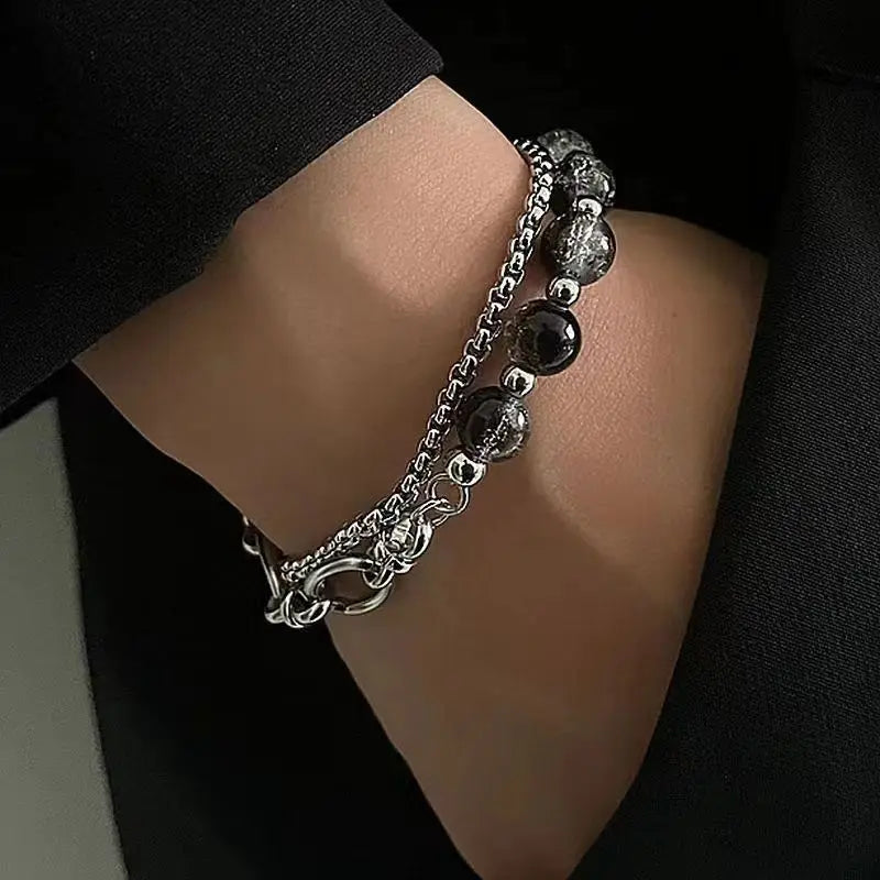 1Pcs High Quality Stainless Steel Lce Cracking Bead Splicing Bracelets For Men Women Link Chain Layered Pulseras Jewelry Gifts