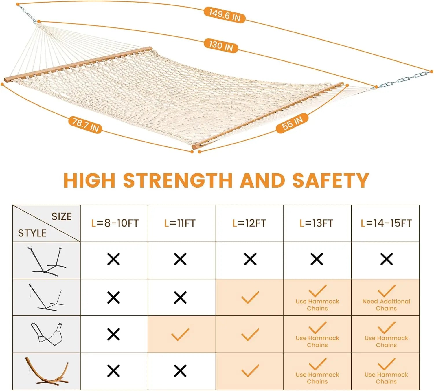 Double Rope Hammock for 2 Persons, Hand Woven Cotton with Spreader Bar and Straps, Max 450 Lbs, Natural Outdoor