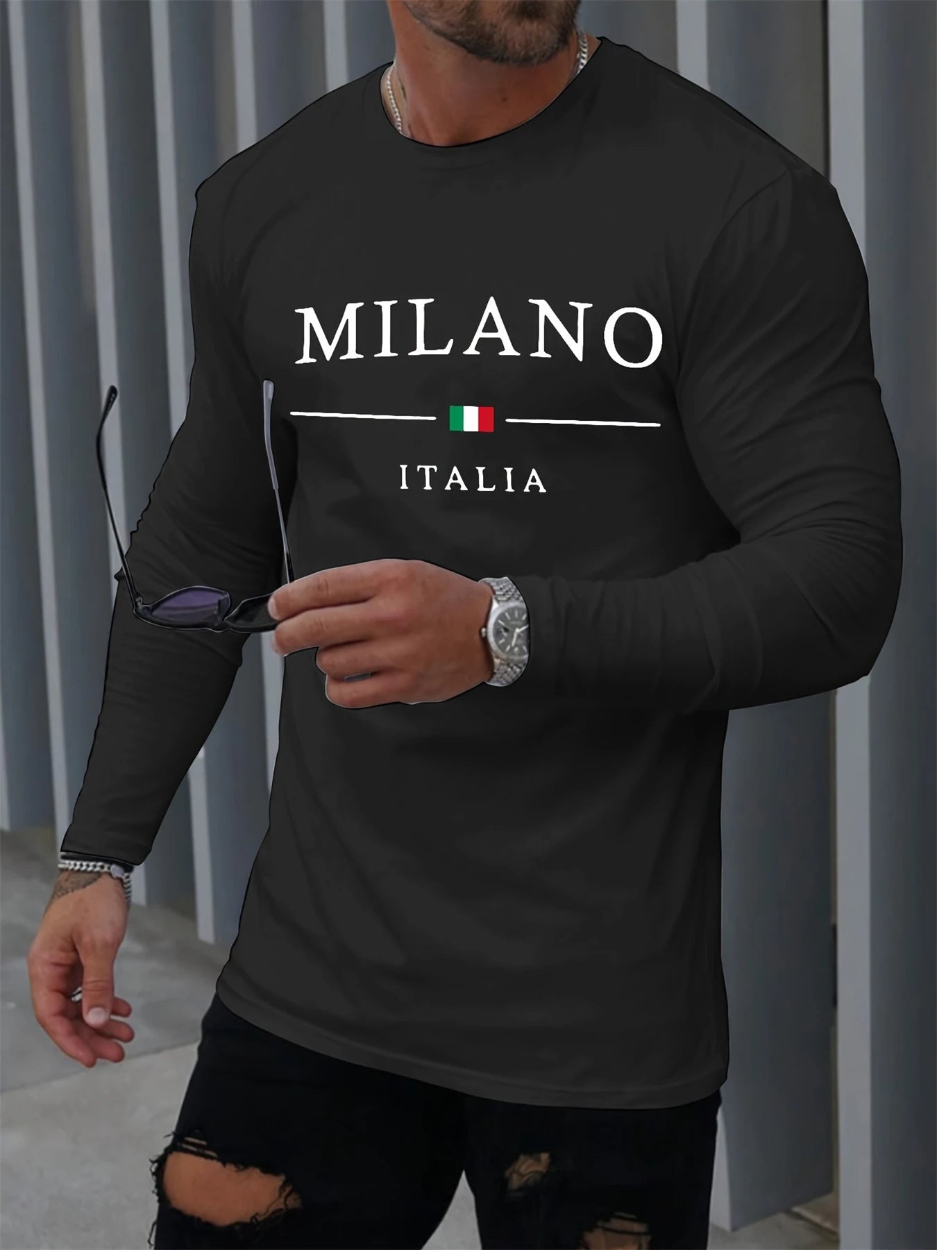 100% pure cotton men's long sleeved round neck loose casual MILANO ITALIA printed spring and autumn versatile T-shirt top