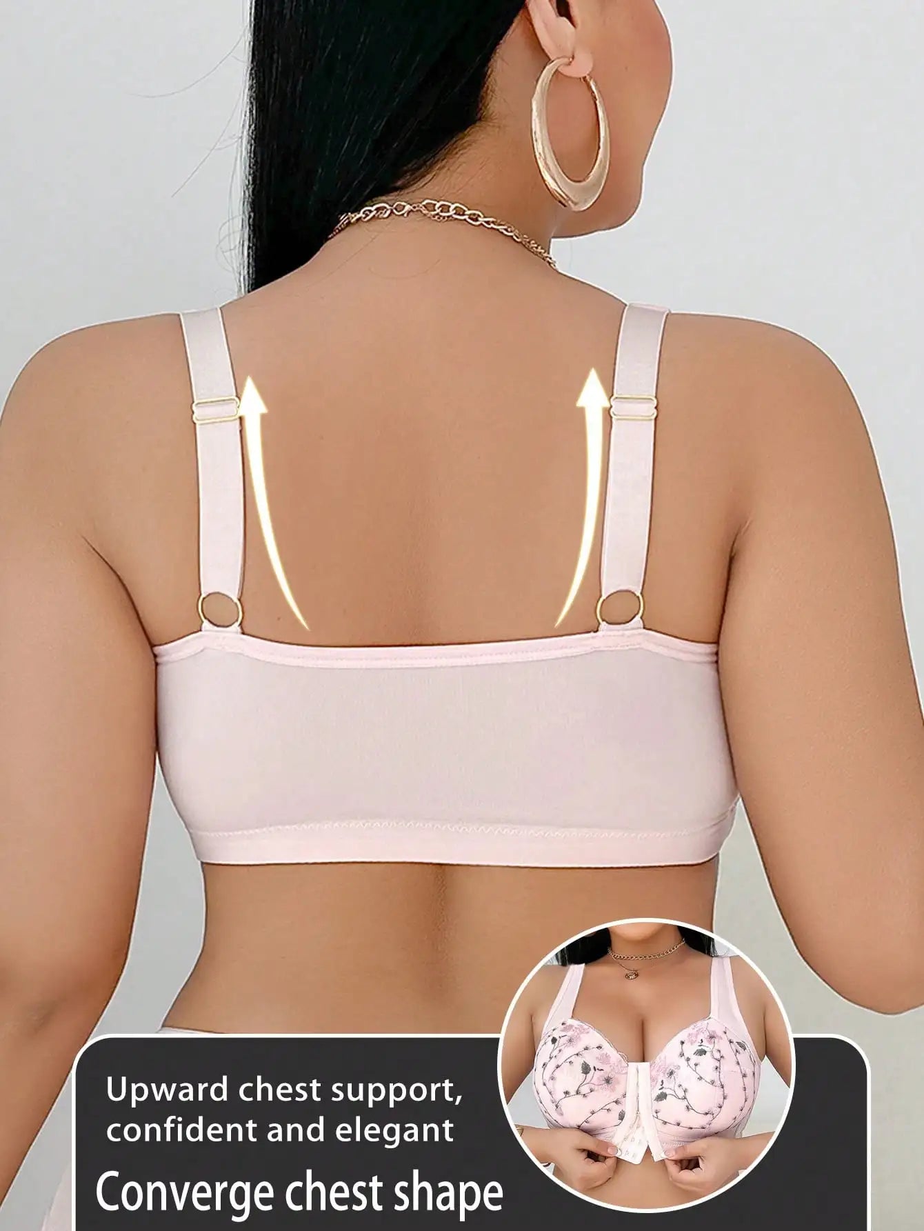 Plus Size Floral Embroidered Front Closure Wireless Bra with Lift Support