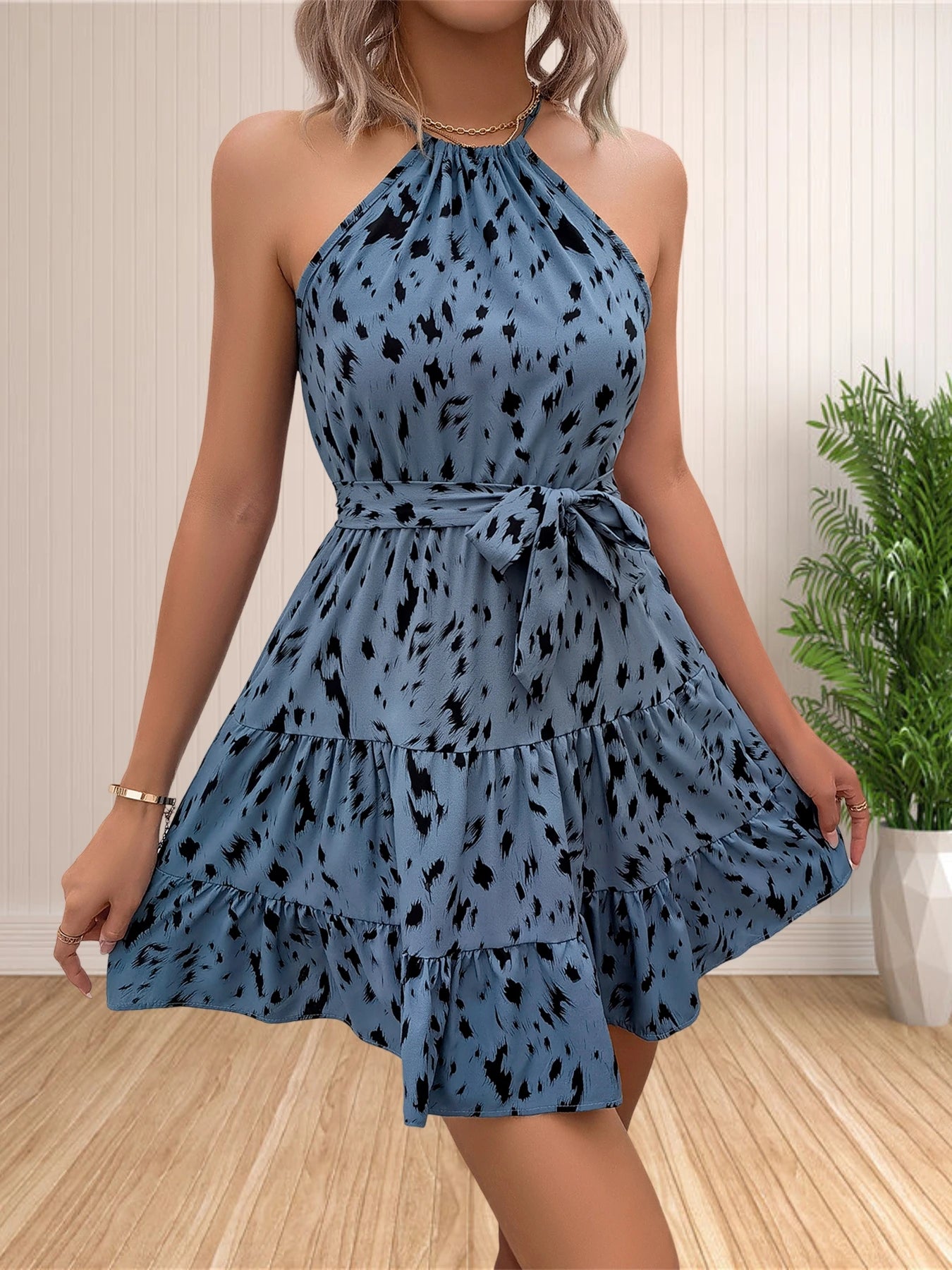 Women's Floral Polka Dot Halter Mini Dress