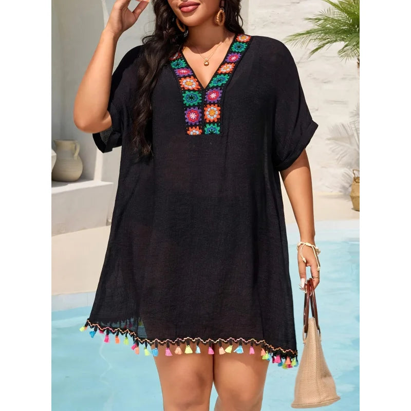 Women's Plus Size Bohemian Crochet Beach Cover-Up Dress