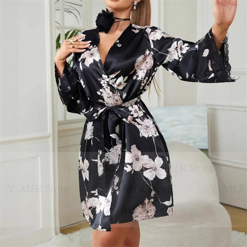 Women's Satin Floral Sleepwear Kimono Robe