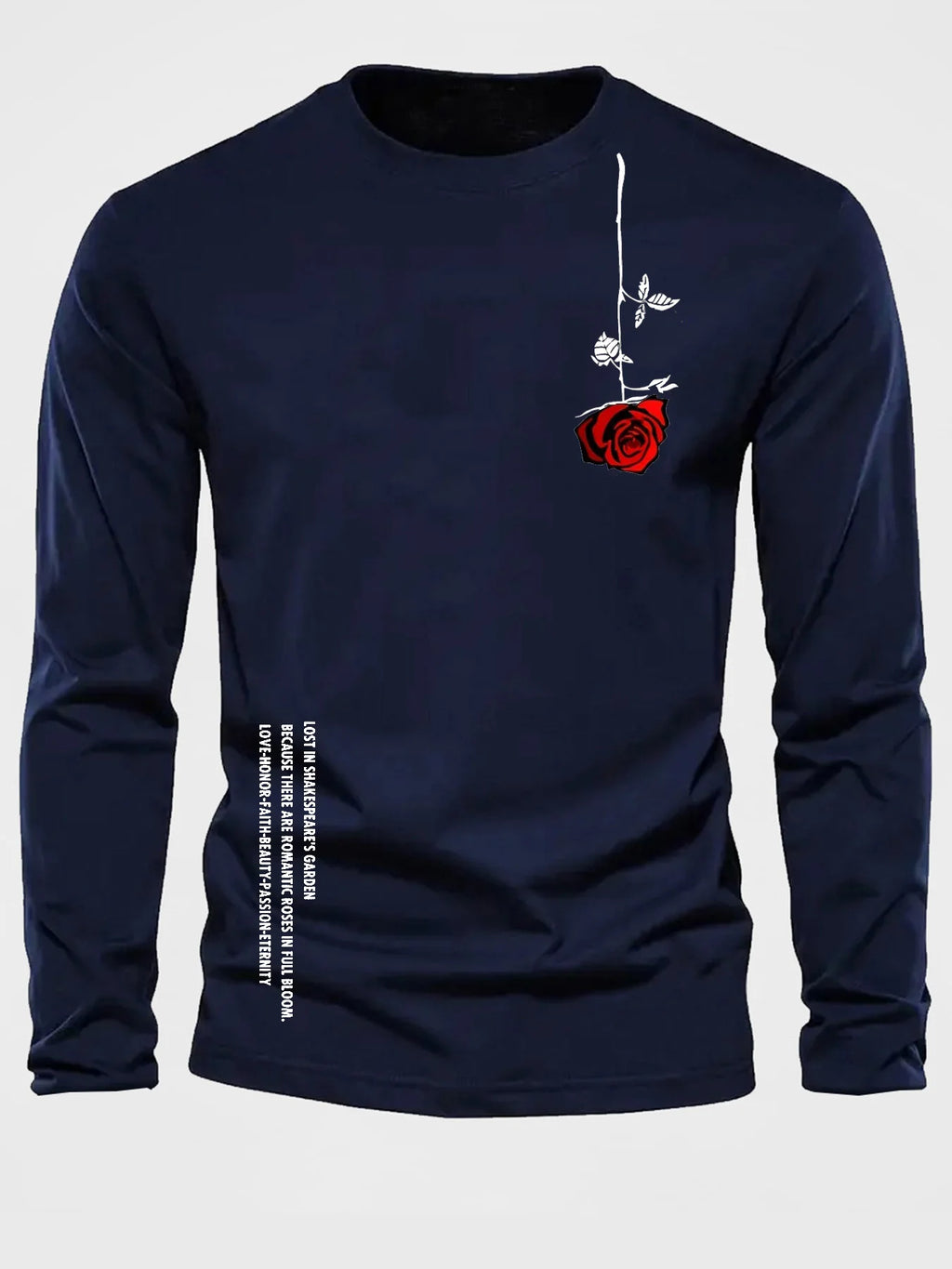 100% pure cotton men's long sleeved round neck loose casual rose letter printed spring and autumn versatile T-shirt top