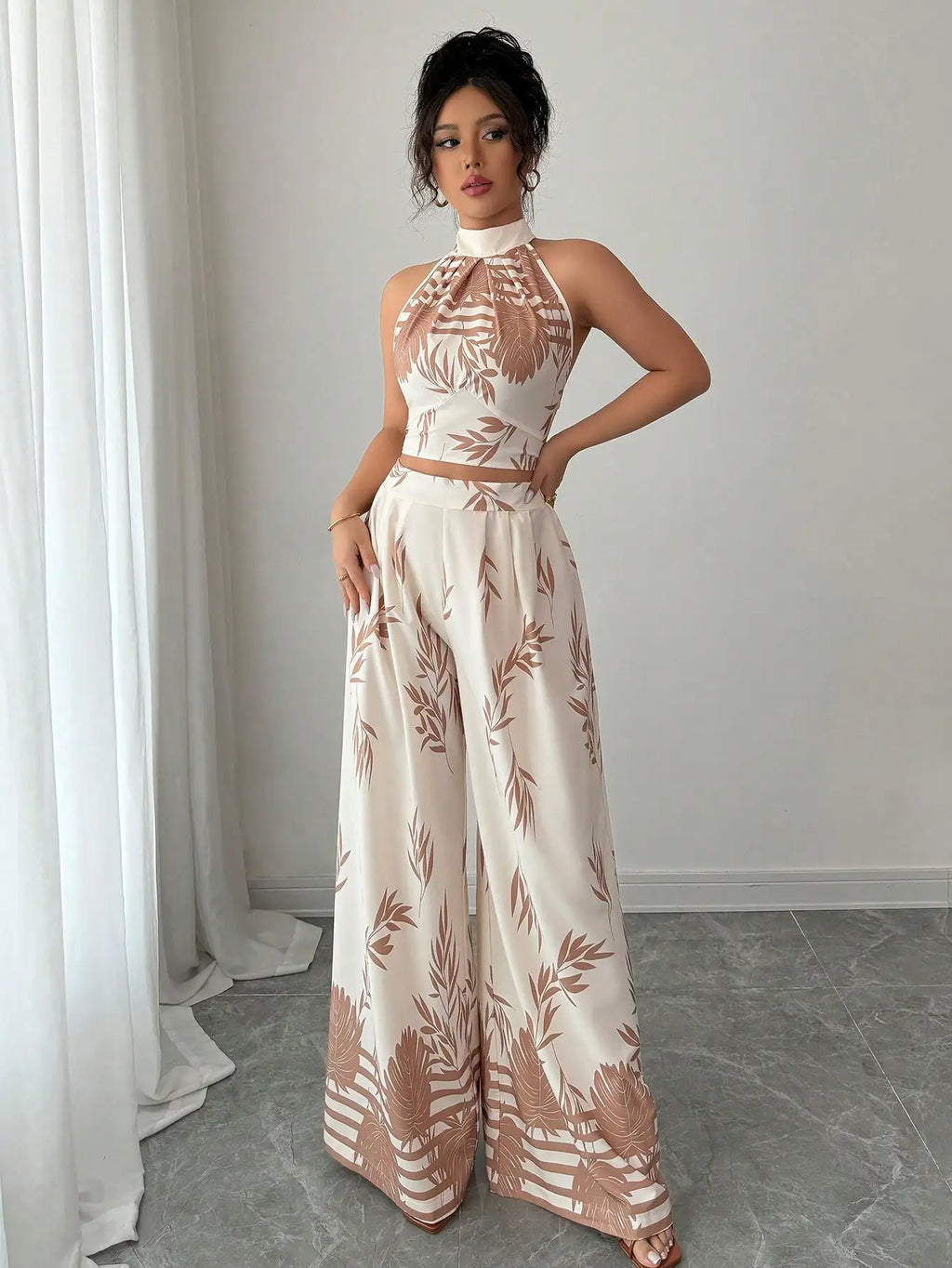 Women's Tropical Print Halter Neck Top with Wide Leg Pants Set